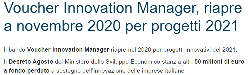 Voucher Innovation Manager: rinnovato per il 2021 e riapre a Novembre 2020